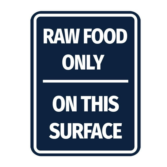Signs ByLITA Portrait Round Raw Food Only On This Surface Door or Wall Sign Durable ABS Plastic | Laser Engraved | Easy Installation | Kitchen | Hygiene Sign (Navy Blue / White) - Large