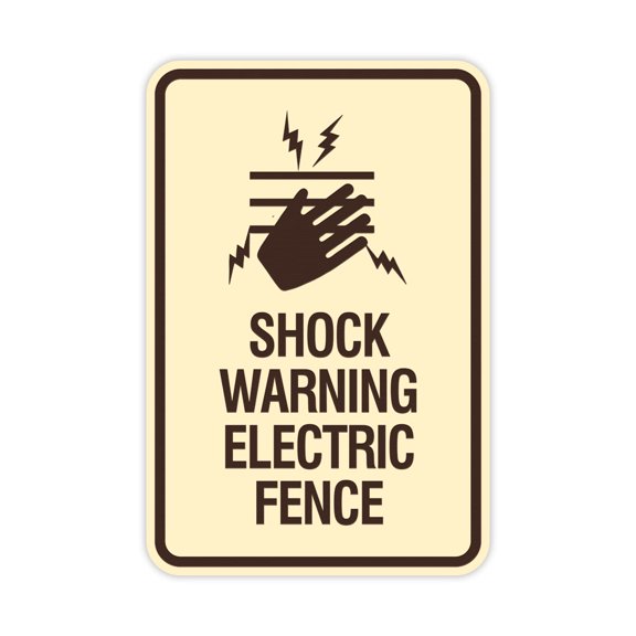 Signs ByLITA Portrait Round Shock Warning Electric Fence Sign (Ivory/Dark Brown) - Small
