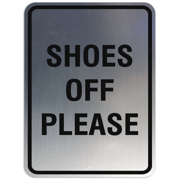 Signs ByLITA Portrait Round Shoes off please Sign - Laser-Engraved Lettering | Durable ABS Plastic | Vibrant Colors | Powerful Foam Tape (Brushed Silver) - Small