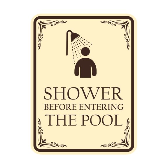 Signs ByLITA Portrait Round Shower Before Entering the Pool Door or Wall Sign Durable ABS Plastic | Laser Engraved | Easy Installation | Elegant Design | Pool Safety Sign (Ivory/Dark Brown) - Small