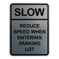 thumbnail image 1 of Signs ByLITA Portrait Round Slow Reduce Speed When Entering Parking Lot ABS Plastic | Laser Engraved | Easy Installation | Elegant Design Sign (Brushed Silver) - Small, 1 of 7