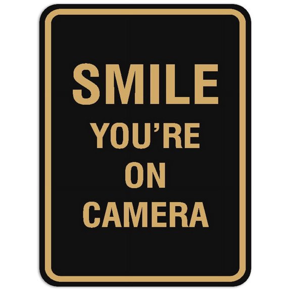 Signs ByLITA Portrait Round Smile you're on camera Sign - Laser-Engraved Lettering | Durable ABS Plastic | Vibrant Colors | Powerful Foam Tape (Black /Gold) - Small