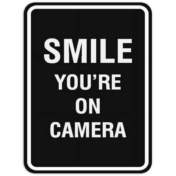 Signs ByLITA Portrait Round Smile you're on camera Sign - Laser-Engraved Lettering | Durable ABS Plastic | Vibrant Colors | Powerful Foam Tape (Black) - Small