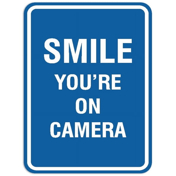 Signs ByLITA Portrait Round Smile you're on camera Sign - Laser-Engraved Lettering | Durable ABS Plastic | Vibrant Colors | Powerful Foam Tape (Blue) - Small