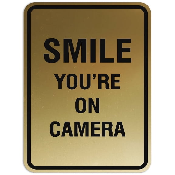 Signs ByLITA Portrait Round Smile you're on camera Sign - Laser-Engraved Lettering | Durable ABS Plastic | Vibrant Colors | Powerful Foam Tape (Brushed Gold) - Small