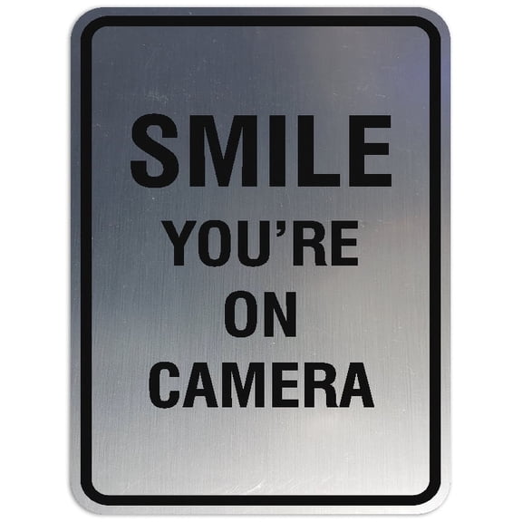 Signs ByLITA Portrait Round Smile you're on camera Sign - Laser-Engraved Lettering | Durable ABS Plastic | Vibrant Colors | Powerful Foam Tape (Brushed Silver) - Small
