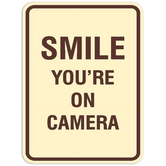 Signs ByLITA Portrait Round Smile you're on camera Sign - Laser-Engraved Lettering | Durable ABS Plastic | Vibrant Colors | Powerful Foam Tape (Ivory/Dark Brown) - Small