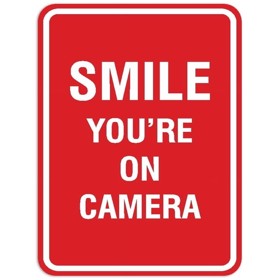 Signs ByLITA Portrait Round Smile you're on camera Sign - Laser-Engraved Lettering | Durable ABS Plastic | Vibrant Colors | Powerful Foam Tape (Red) - Small