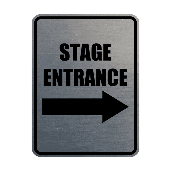 Signs ByLITA Portrait Round Stage Entrance Right Arrow Door or Wall Sign Easy Installation | Directing Artists & Co-Workers | Music | Concert | Festivals Sign (Brushed Silver) - Large