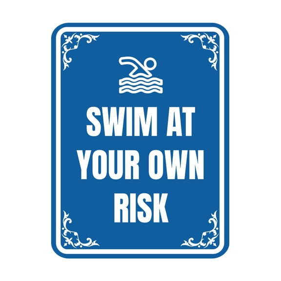Signs ByLITA Portrait Round Swim At your own risk Door or Wall Sign Durable ABS Plastic | Laser Engraved | Easy Installation | Elegant Design | Pool Safety Sign (Blue) - Large