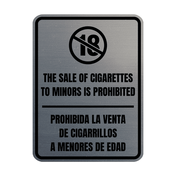 Signs ByLITA Portrait Round The Sale Of Cigarettes To Minors Is Prohibited Door or Wall Sign | Spanish Bilingual Business And Office Signs (Brushed Silver) - Small