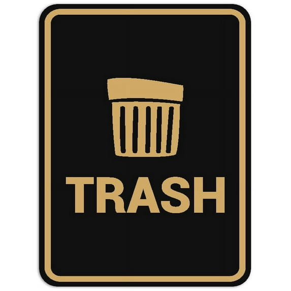 Signs ByLITA Portrait Round Trash Sign - Laser-Engraved Lettering | Durable ABS Plastic | Vibrant Colors | Powerful Foam Tape (Black Gold) - Large