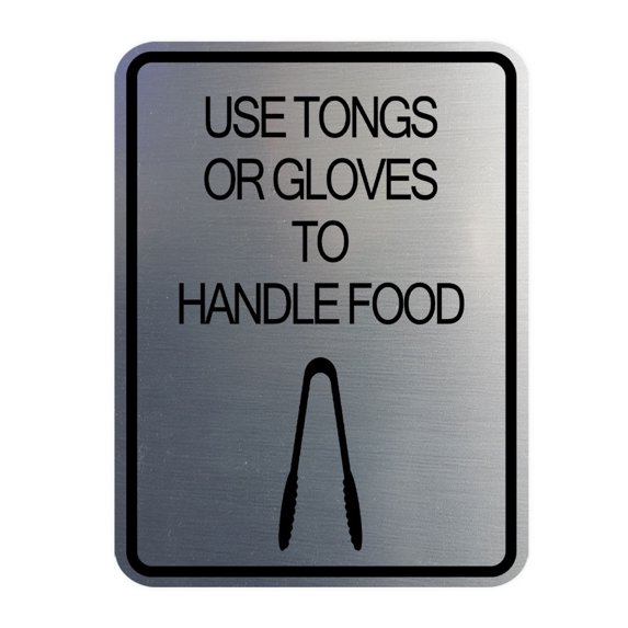 Signs ByLITA Portrait Round Use Tongs or Gloves To Handle Food Door or Wall Sign Durable ABS Plastic | Laser Engraved | Easy Installation | Kitchen | Hygiene Sign (Brushed Silver) - Small