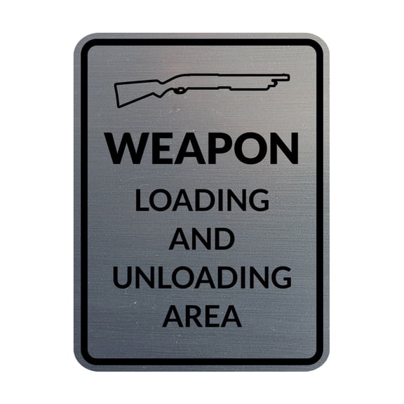 Signs ByLITA Portrait Round Weapon Loading And Unloading Area Door or Wall Sign | Gun Range Safety Warning Sign (Brushed Silver) - Small