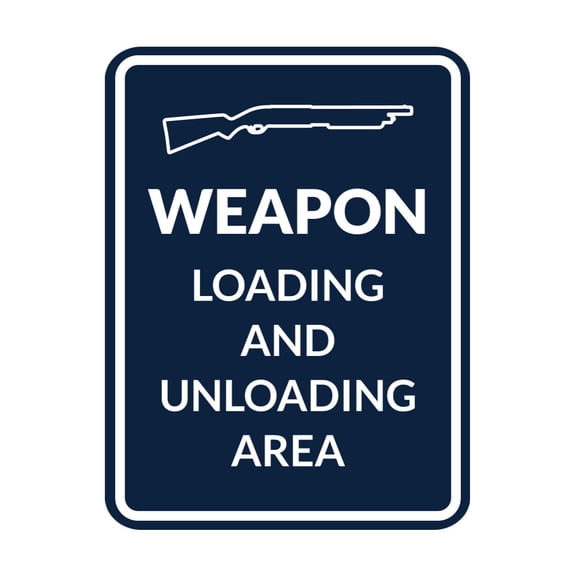 Signs ByLITA Portrait Round Weapon Loading And Unloading Area Door or Wall Sign | Gun Range Safety Warning Sign (Navy Blue / White) - Small