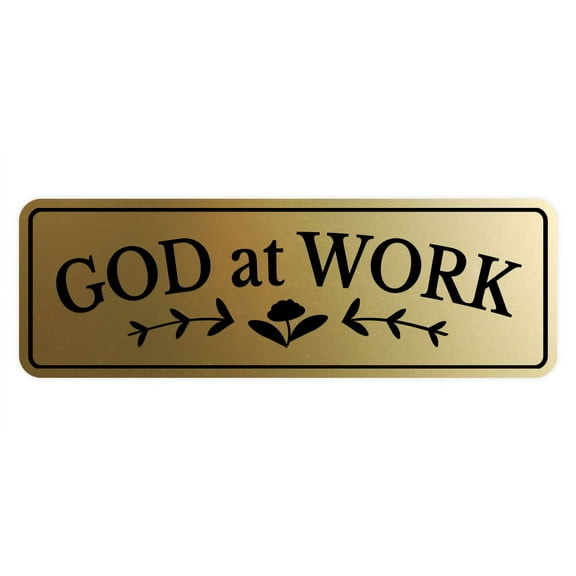 Signs ByLITA Standard God At Work Door or Wall Sign Easy Installation | Durable Construction | Religious Greetings | Sunday School Welcome Signs | Church | Faith Sign (Brushed Gold) - Small