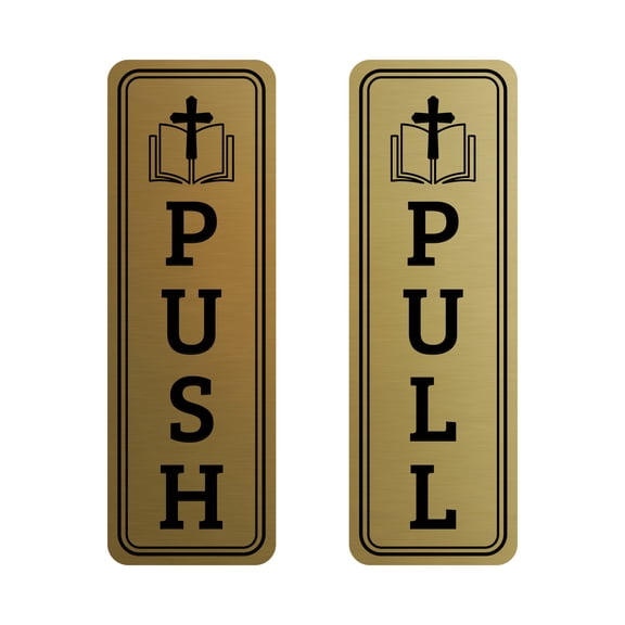 Signs ByLITA Vertical Push and Pull Door Signs (Bible and Cross) Door Sign (Brushed Gold) - Small