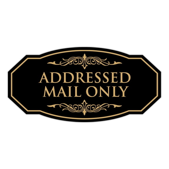 Signs ByLITA Victorian Addressed Mail Only Durable ABS Plastic | Laser Engraved | Easy Installation | Elegant Design Sign (Black /Gold) - Small