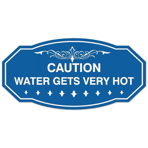 Signs ByLITA Victorian Caution Water Gets Very Hot Sign - Laser-Engraved Lettering | Durable ABS Plastic | Vibrant Colors | Powerful Foam Tape (Blue) - Small