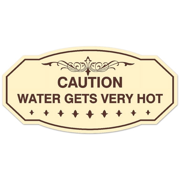 Signs ByLITA Victorian Caution Water Gets Very Hot Sign - Laser-Engraved Lettering | Durable ABS Plastic | Vibrant Colors | Powerful Foam Tape (Ivory/Dark Brown) - Large