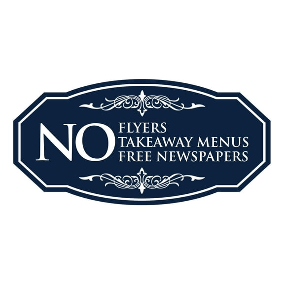 Signs ByLITA Victorian No Flyers No Takeaway Menus No Free Newspapers Durable ABS Plastic | Laser Engraved | Easy Installation | Elegant Design Sign (Navy Blue / White) - Large