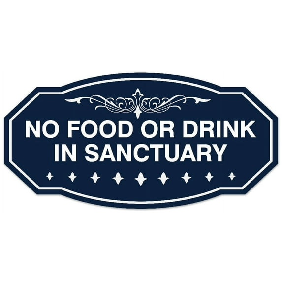 Signs ByLITA Victorian No Food Or Drink In Sanctuary Sign - Laser-Engraved Lettering | Durable ABS Plastic | Vibrant Colors | Powerful Foam Tape (Navy Blue / White) - Large