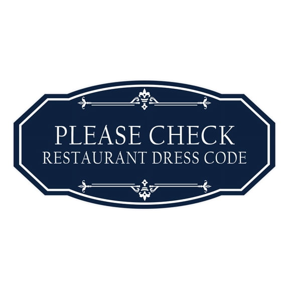 Signs ByLITA Victorian Please Check Restaurant Dress Code Sign (Navy Blue / White) - Small