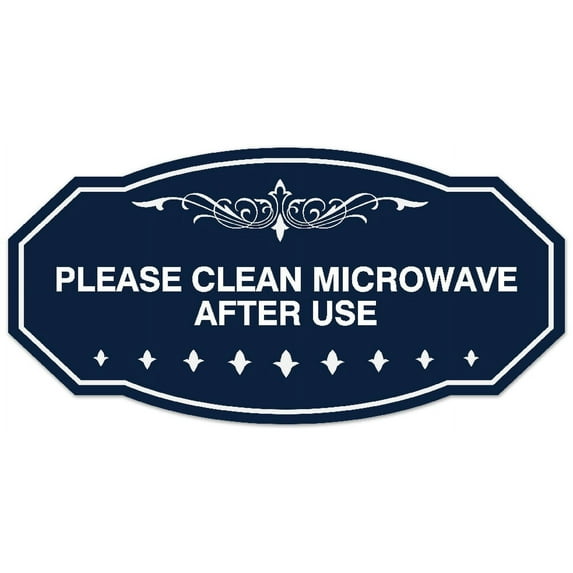 Signs ByLITA Victorian Please Clean Microwave After Use Sign - Laser-Engraved Lettering | Durable ABS Plastic | Vibrant Colors | Powerful Foam Tape (Navy Blue / White) - Medium