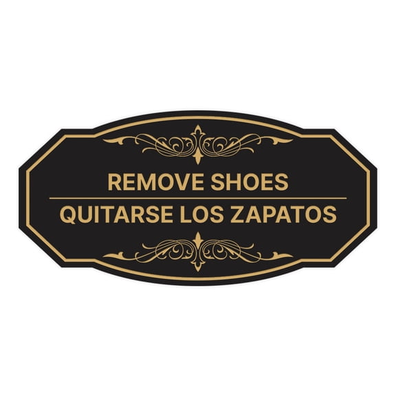 Signs ByLITA Victorian Remove Shoes- Quitarse los zapatos Bilingual Sign (Black Gold) - Medium