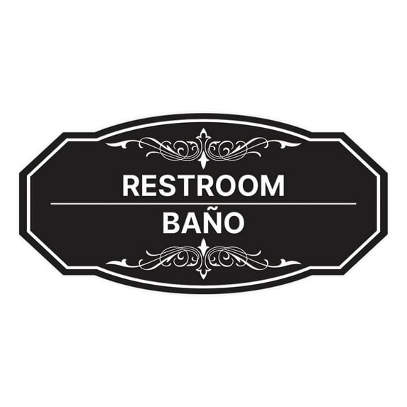 Signs ByLITA Victorian Restroom/Baño Bilingual Sign (Black) - Small