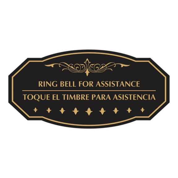 Signs ByLITA Victorian Ring Bell for Assistance/Toque el Timbre para asistencia Bilingual Sign (Black /Gold) - Small