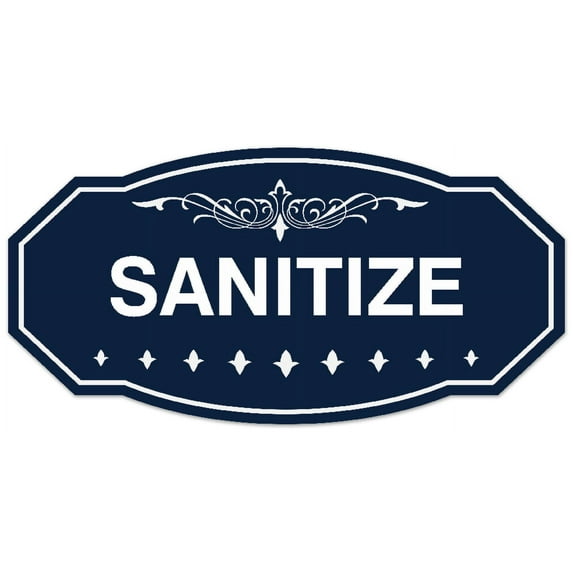 Signs ByLITA Victorian Sanitize Sign - Laser-Engraved Lettering | Durable ABS Plastic | Vibrant Colors | Powerful Foam Tape (Navy Blue / White) - Medium