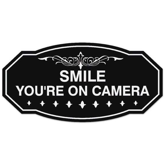 Signs ByLITA Victorian Smile You're On Camera Sign - Laser-Engraved Lettering | Durable ABS Plastic | Vibrant Colors | Powerful Foam Tape (Black) - Large