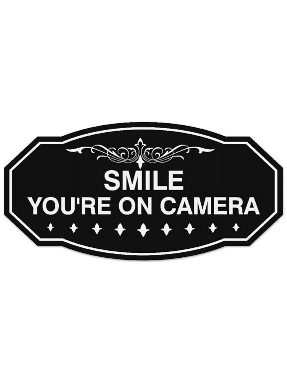 Victorian Smile You're On Camera Sign - Laser-Engraved Lettering | Durable ABS Plastic | Vibrant Colors | Powerful Foam Tape (Black) - Small