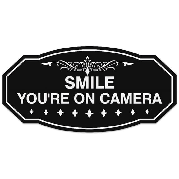 Signs ByLITA Victorian Smile You're On Camera Sign - Laser-Engraved Lettering | Durable ABS Plastic | Vibrant Colors | Powerful Foam Tape (Black) - Small