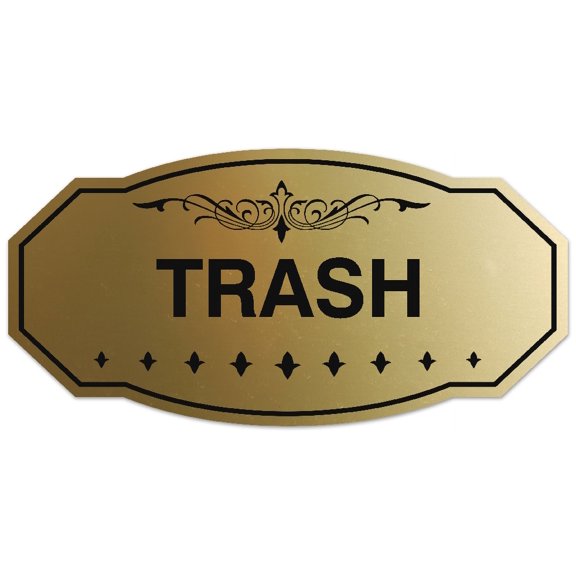 Signs ByLITA Victorian Trash Sign - Laser-Engraved Lettering | Durable ABS Plastic | Vibrant Colors | Powerful Foam Tape (Brushed Gold) - Small