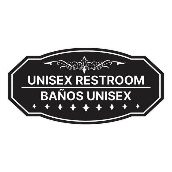 Signs ByLITA Victorian Unisex Restroom/ Baños Unisex Bilingual Sign (Black) - Medium