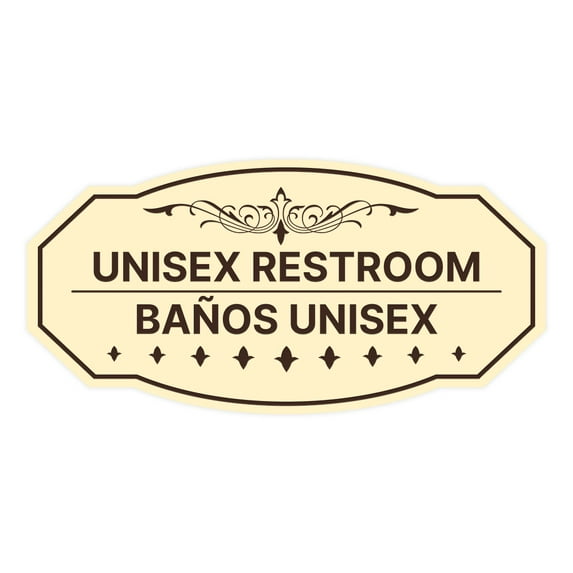 Signs ByLITA Victorian Unisex Restroom/ Baños Unisex Bilingual Sign (Ivory/Dark Brown) - Large