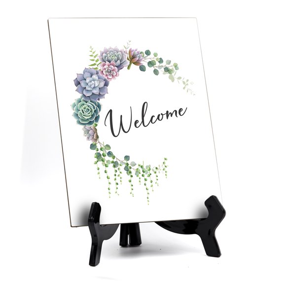 Signs ByLITA Welcome Table Sign with Easel, Floral Crescent Design (6" x 8")