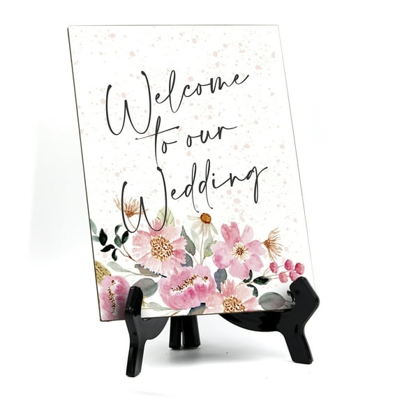 Signs ByLITA Welcome to Our Wedding Table Sign with Easel, Floral Watercolor Design (6" x 8")