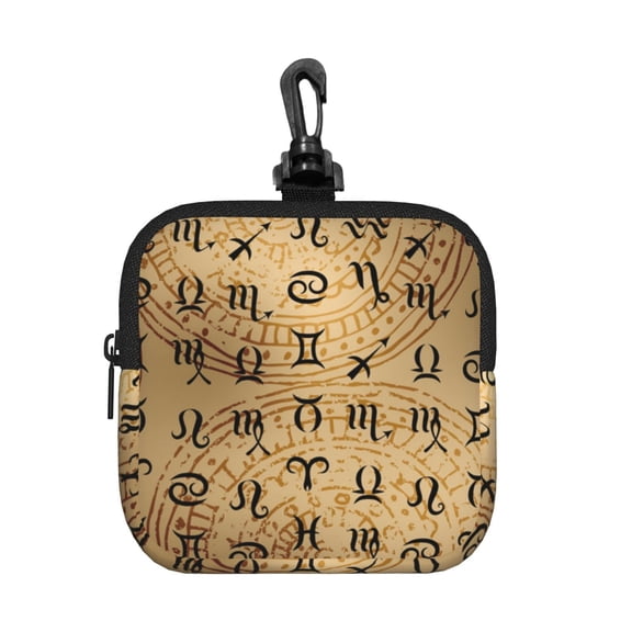 Signs Of Zodiac On Ethnic Square Gear Pouch with Lobster Clasp Waterproof Tech Accessory Organizer, Key & Coin Case
