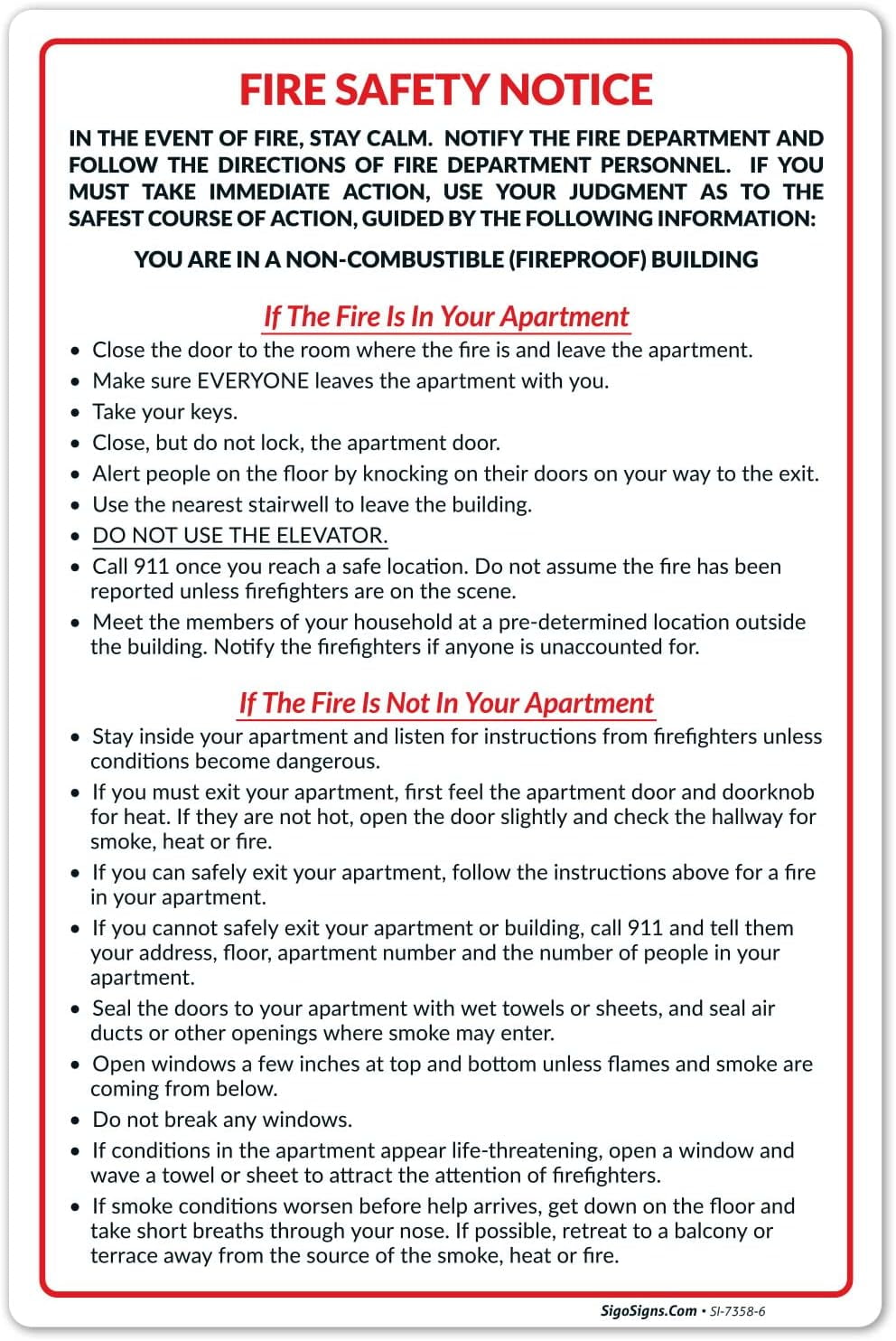 Sigo Signs Fire Safety Notice Fireproof Building Sign, None Fireproof ...