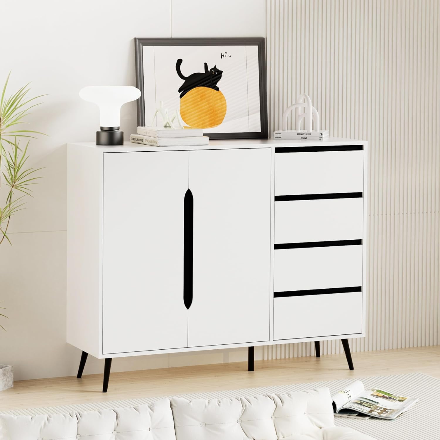 Sigoryi Entryway Sideboard Buffet Cabinet with 4 drawers & 2 doors, Freestanding Wooden Cabinet Storage Buffet Cabinet for Bedroom, Living Room, Kitchen, Home Office and Hallway