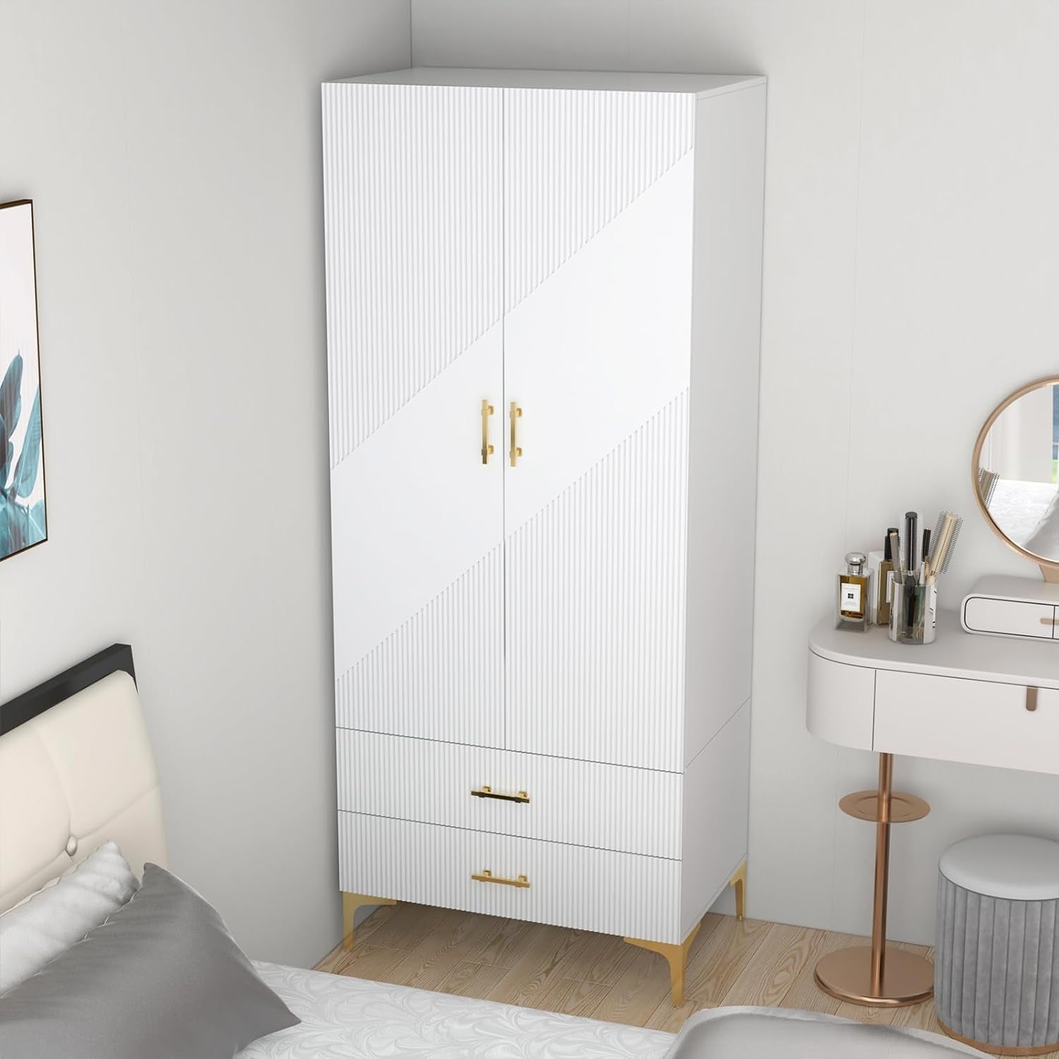 Sigoryi Modern Armoire Wardrobe Closet & Cabinet, Functional Clothes Storage Armoire Wardrobe with Hanging Rail Rod Bedroom Bathroom Pantry Cabinet, White(31.5"W x 70.87"H x 19.69"D )