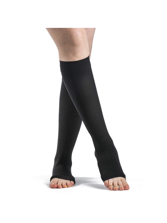 Sigvaris Essential 863 Opaque 30-40 Open Toe Knee High Compression Stockings Black ML Long