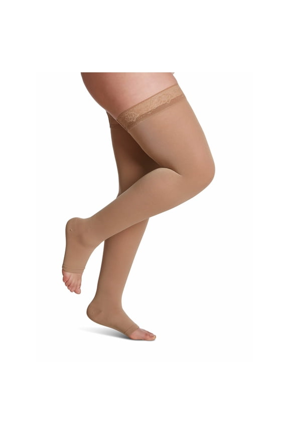 Sigvaris Style 842 Soft Opaque 20-30 Open Toe Thigh High Compression Stockings w/Grip Top Nude SS Short