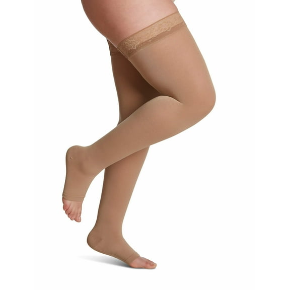 Sigvaris Style 842 Soft Opaque 20-30 Open Toe Thigh High Compression Stockings w/Grip Top Nude SS Short