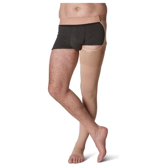 Sigvaris Specialty 503 Rubber Series 30-40 Open Toe RIGHT Thigh High w/Waist Attachment Beige S4 Full Long