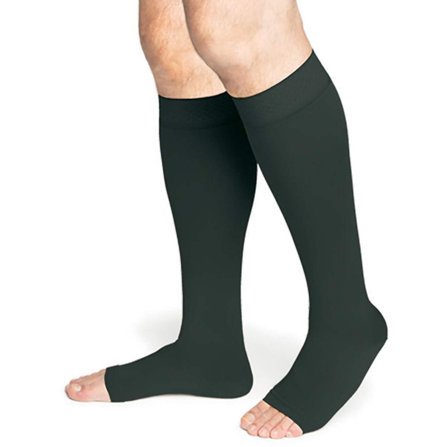 Sigvaris Specialty 552 Secure Unisex 20-30 Open Toe Knee High Compression Stockings w/Silicone Band Black X4 Long Full
