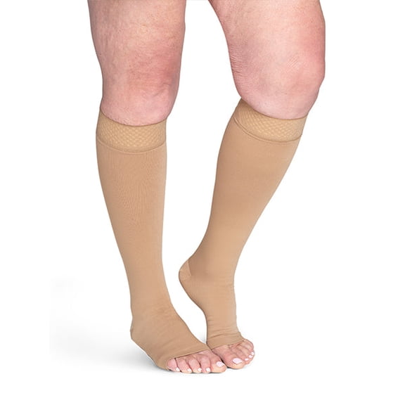 Sigvaris Specialty 553 Secure Unisex 30-40 Open Toe Knee High Compression Stockings w/Silicone Band Beige G1 Short